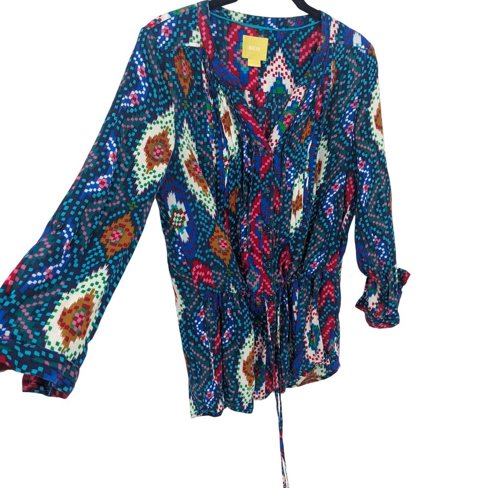 Maeve Anthropologie Blouse Womens 4 Blue Colorful Peplum Boho Aztec Casual Artsy